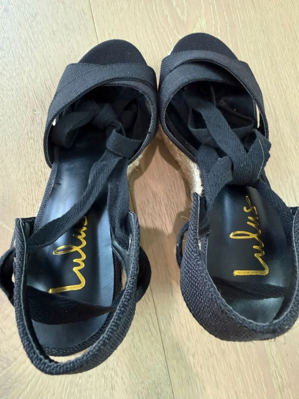 Lulus Esme Black Lace-Up Espadrille Wedges. size 9